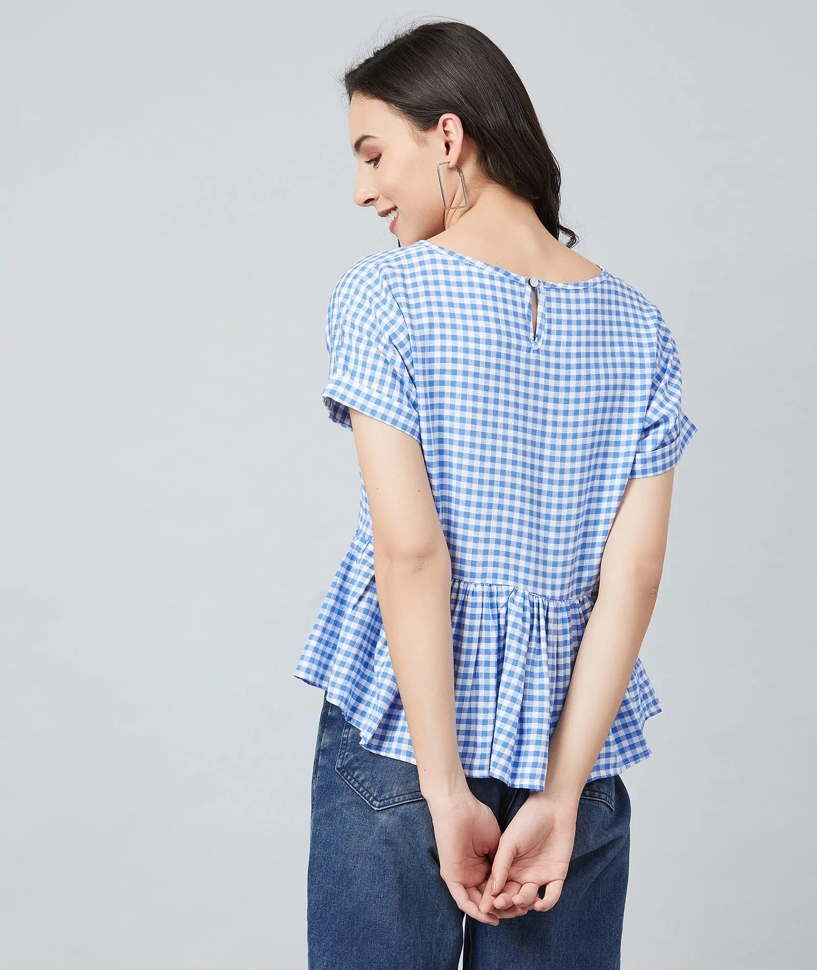 Chimpaaanzee Women Blue Checks Frill Style Top