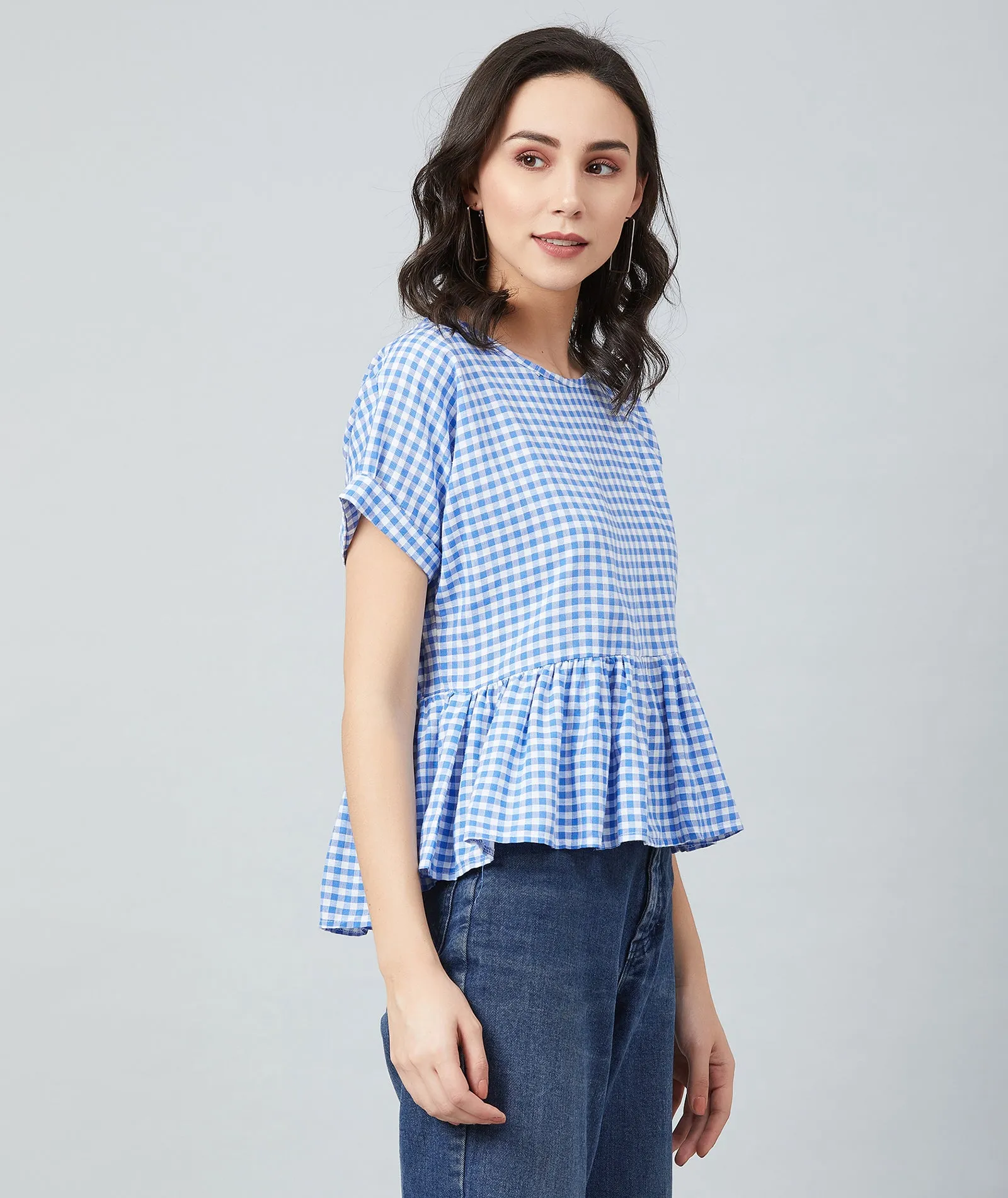 Chimpaaanzee Women Blue Checks Frill Style Top