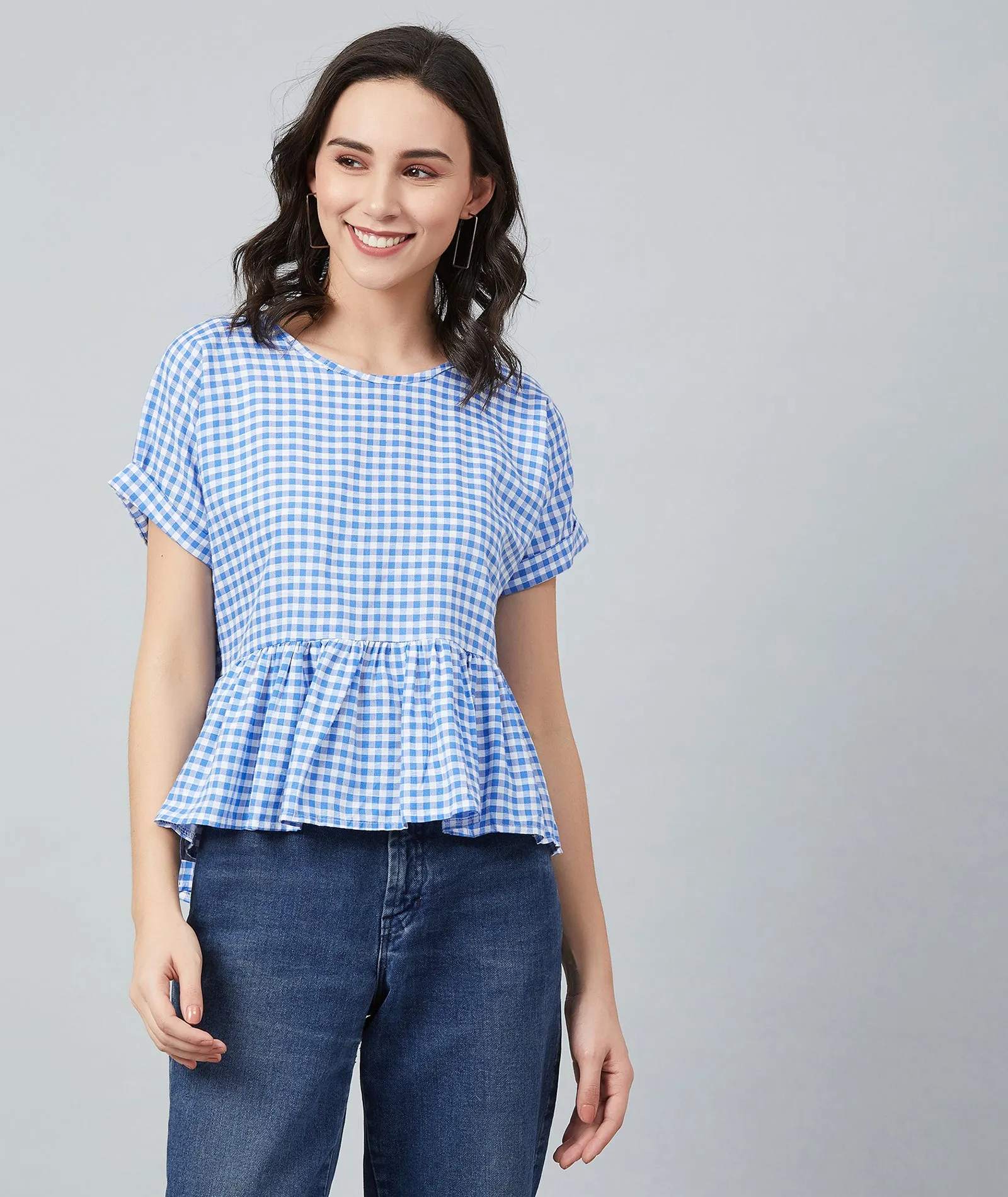 Chimpaaanzee Women Blue Checks Frill Style Top