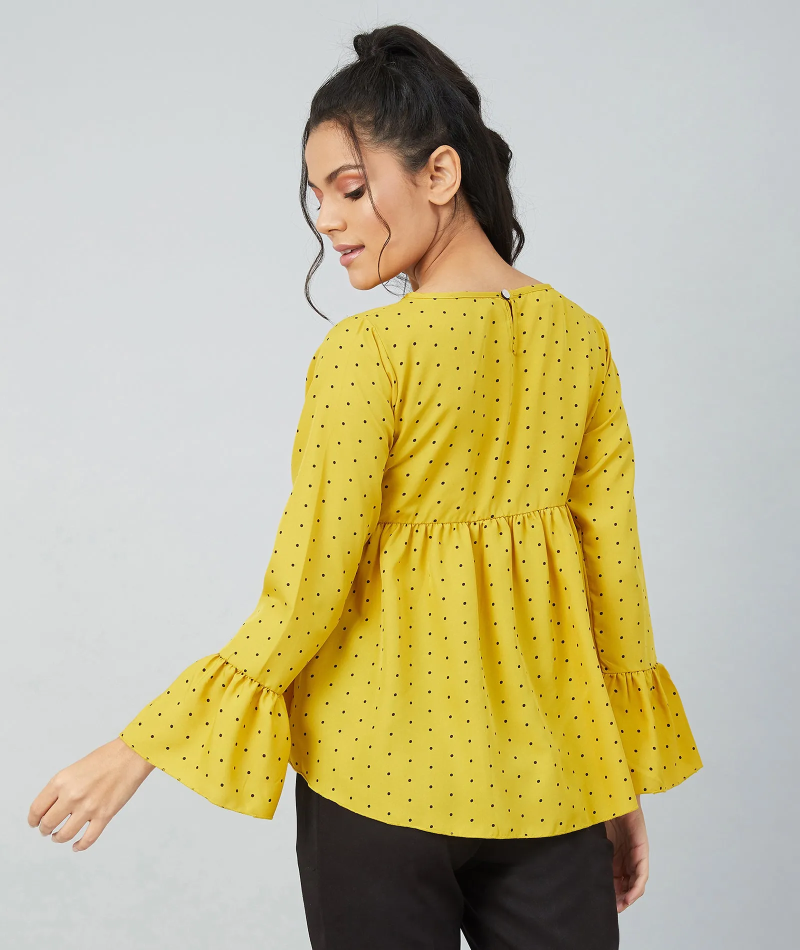 Chimpaaanzee women Mustard Crepe Polka Doted Full Sleeve  Top