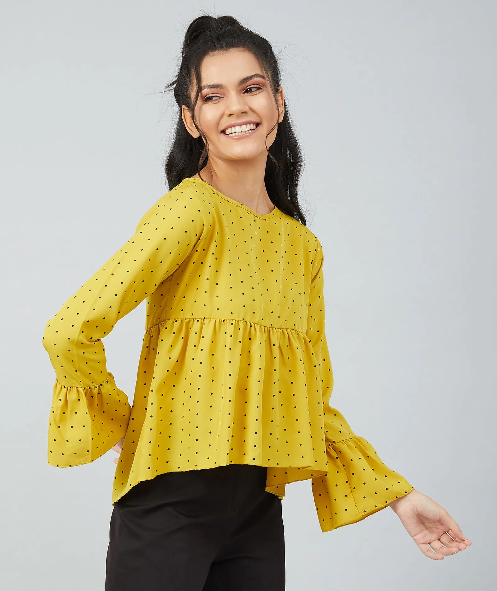 Chimpaaanzee women Mustard Crepe Polka Doted Full Sleeve  Top