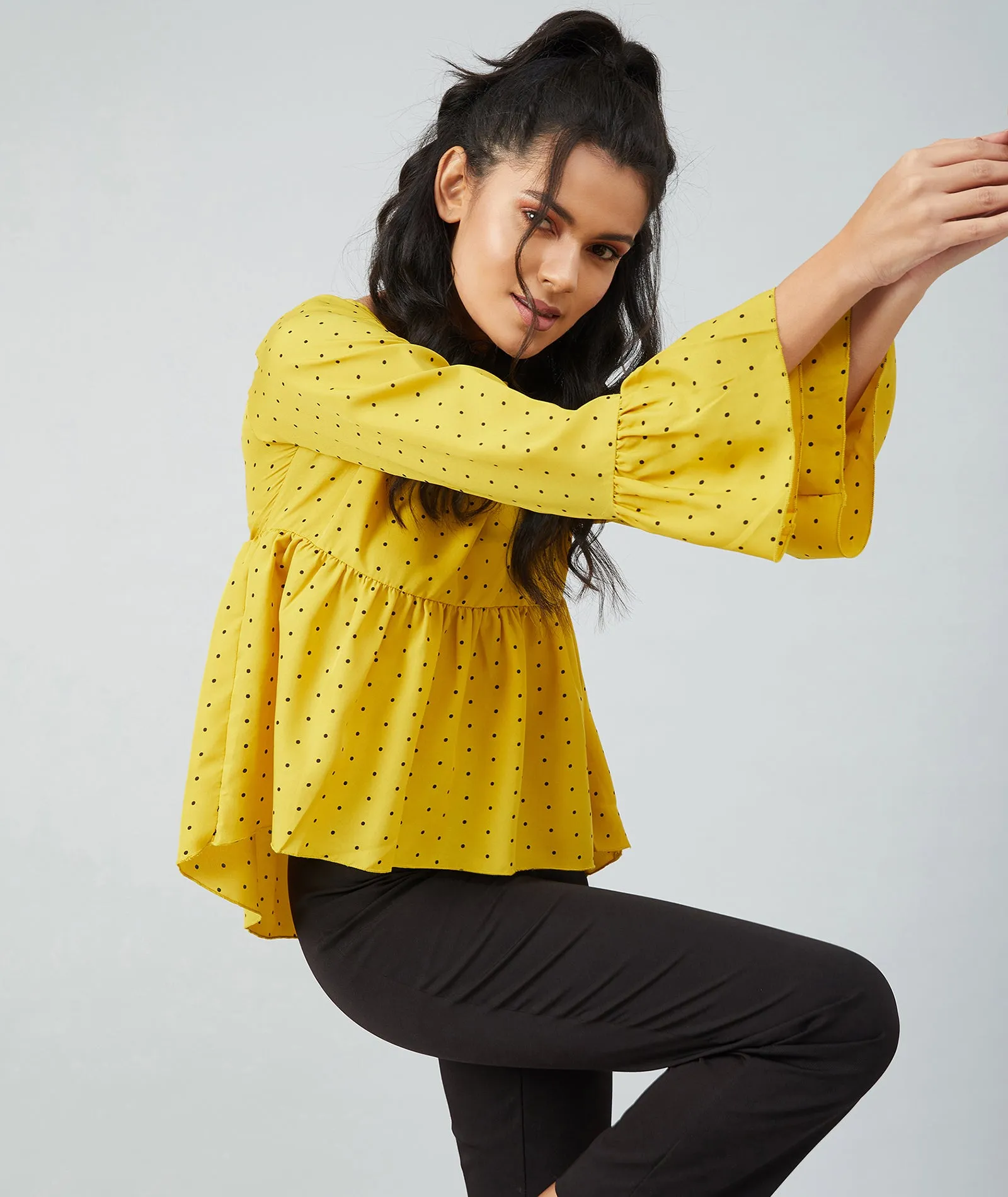 Chimpaaanzee women Mustard Crepe Polka Doted Full Sleeve  Top