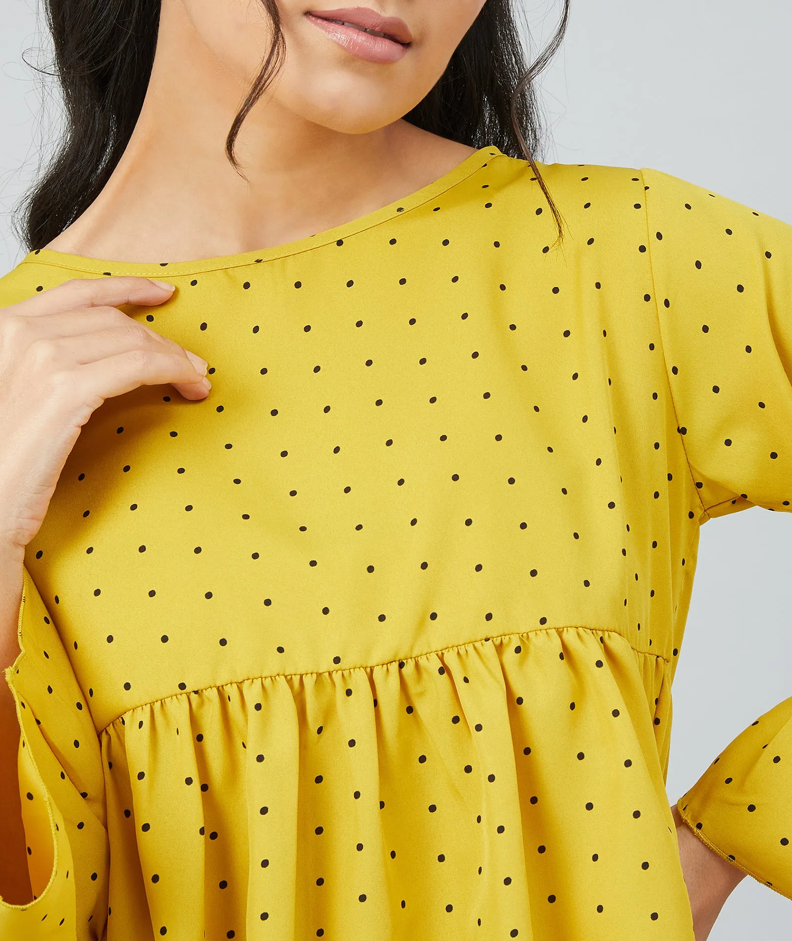 Chimpaaanzee women Mustard Crepe Polka Doted Full Sleeve  Top