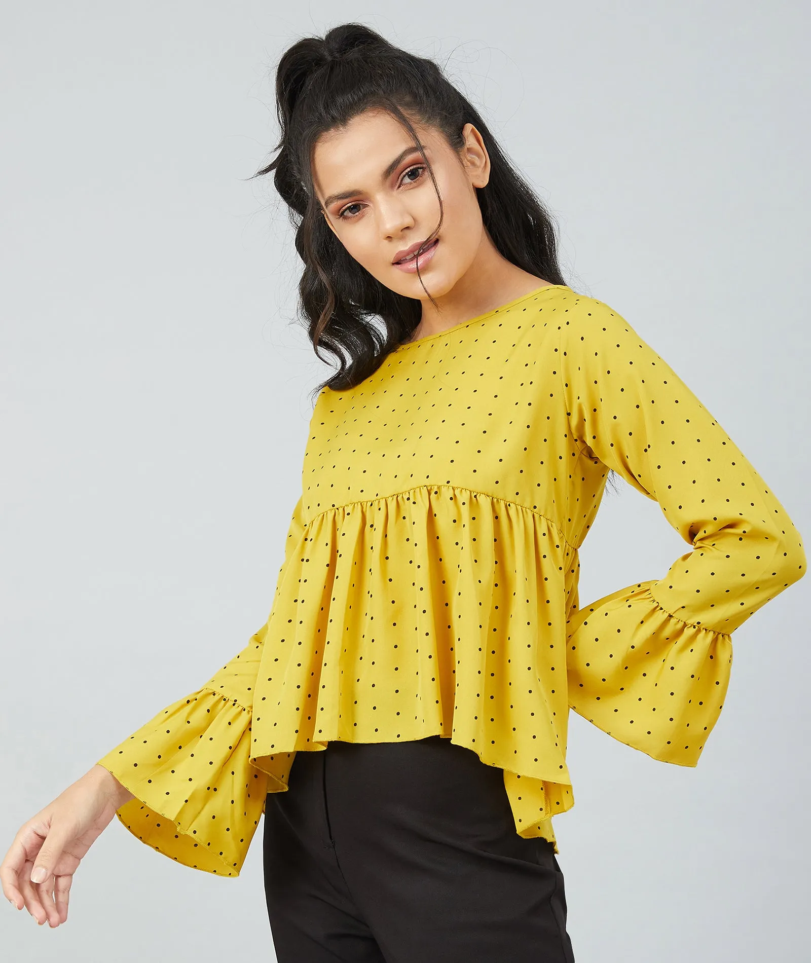 Chimpaaanzee women Mustard Crepe Polka Doted Full Sleeve  Top