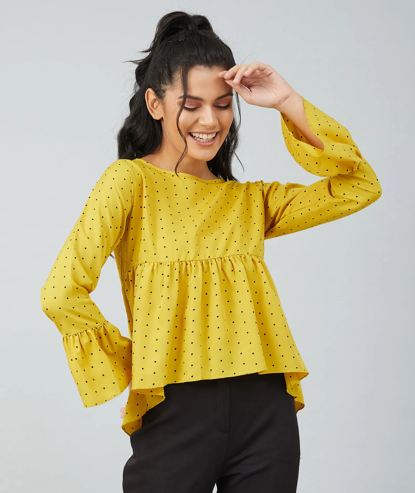 Chimpaaanzee women Mustard Crepe Polka Doted Full Sleeve  Top