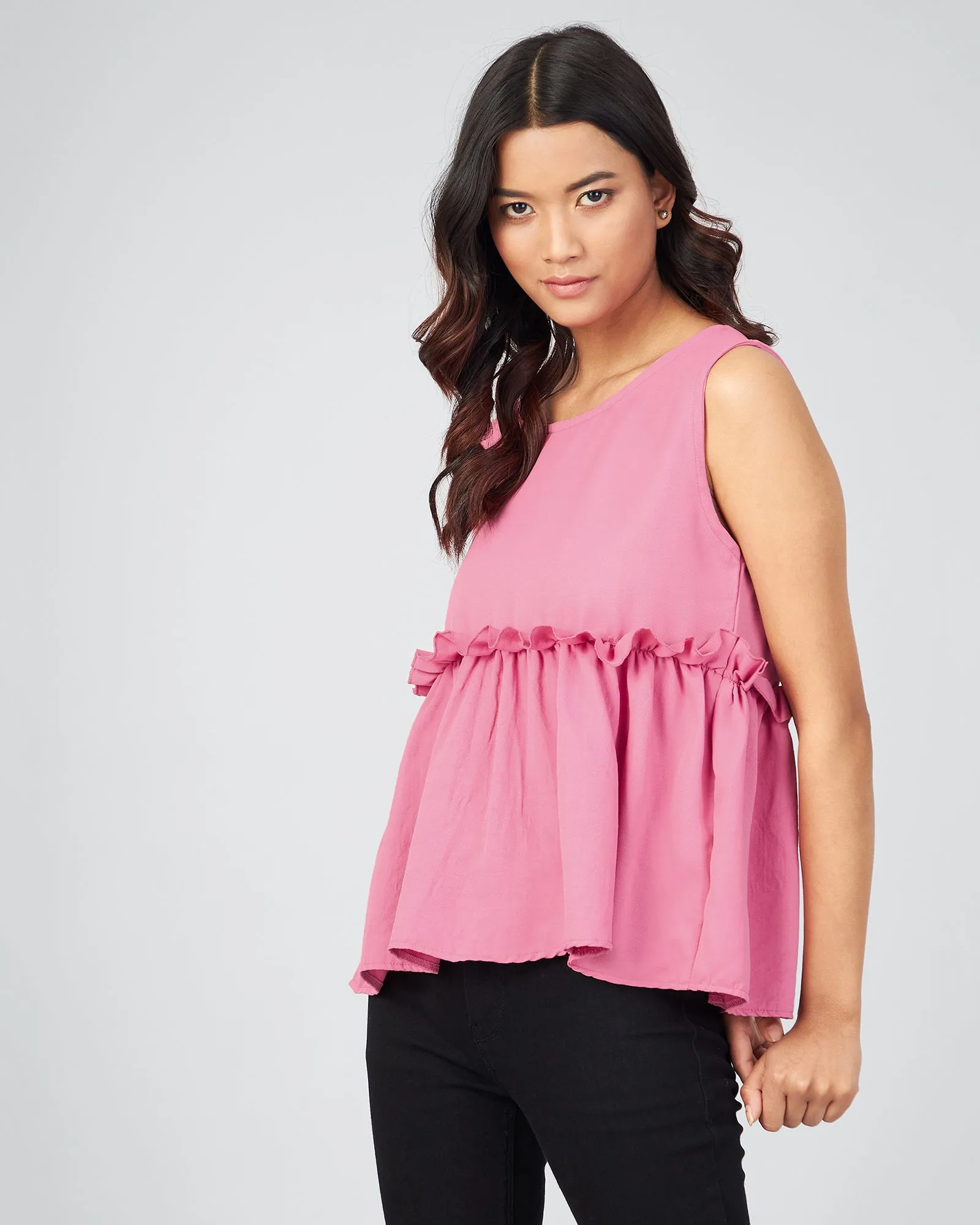 Chimpaaanzee Women Pink Solid Peplum Style Top