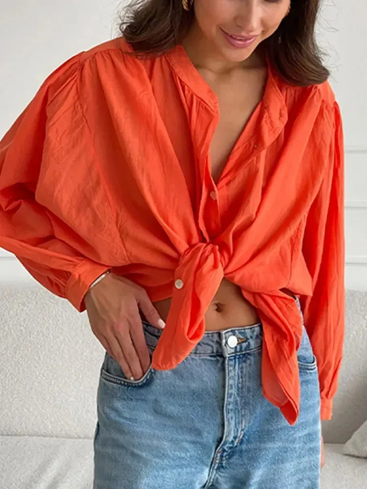 Cotton Hollow V Neck Lady Streetwear Blouse