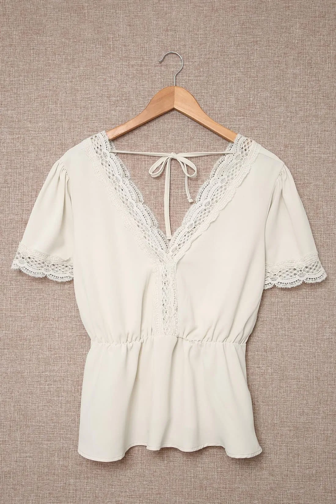 Crochet Lace Trimmed Double V-Neck Peplum Blouse