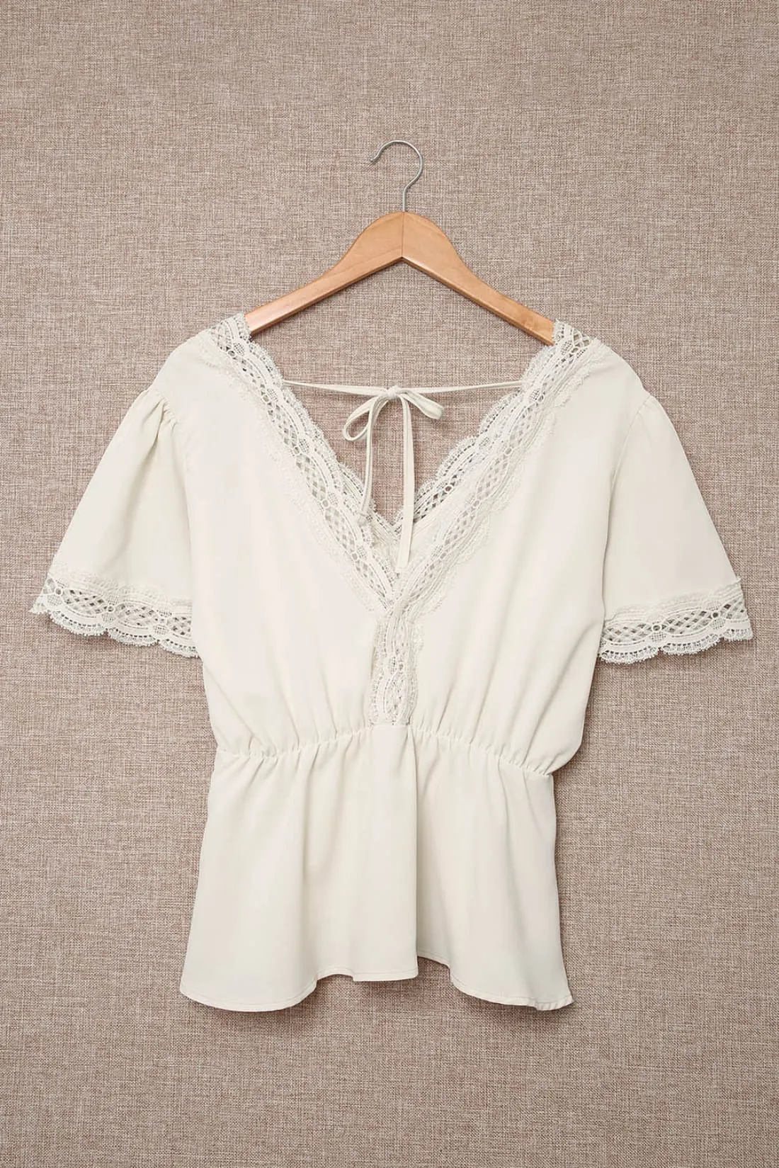 Crochet Lace Trimmed Double V-Neck Peplum Blouse