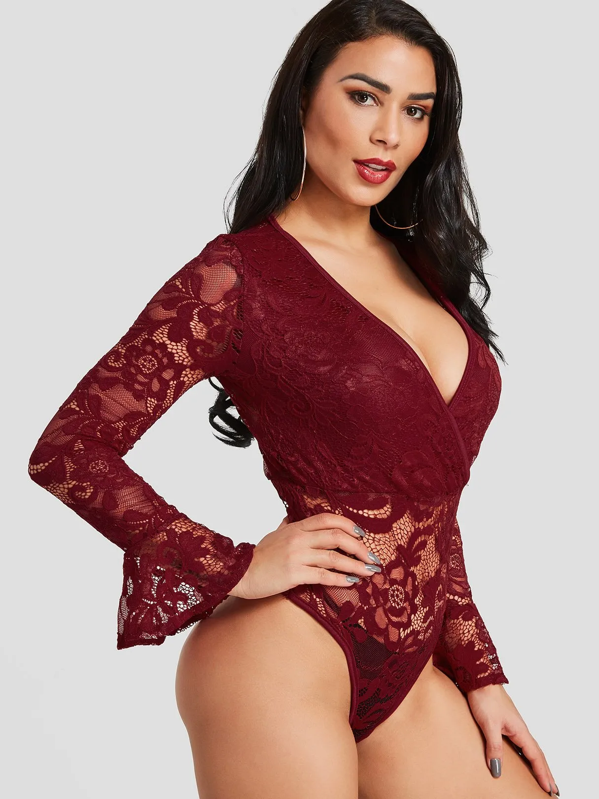 Custom Deep V Neck Lace Long Sleeve Burgundy Blouses