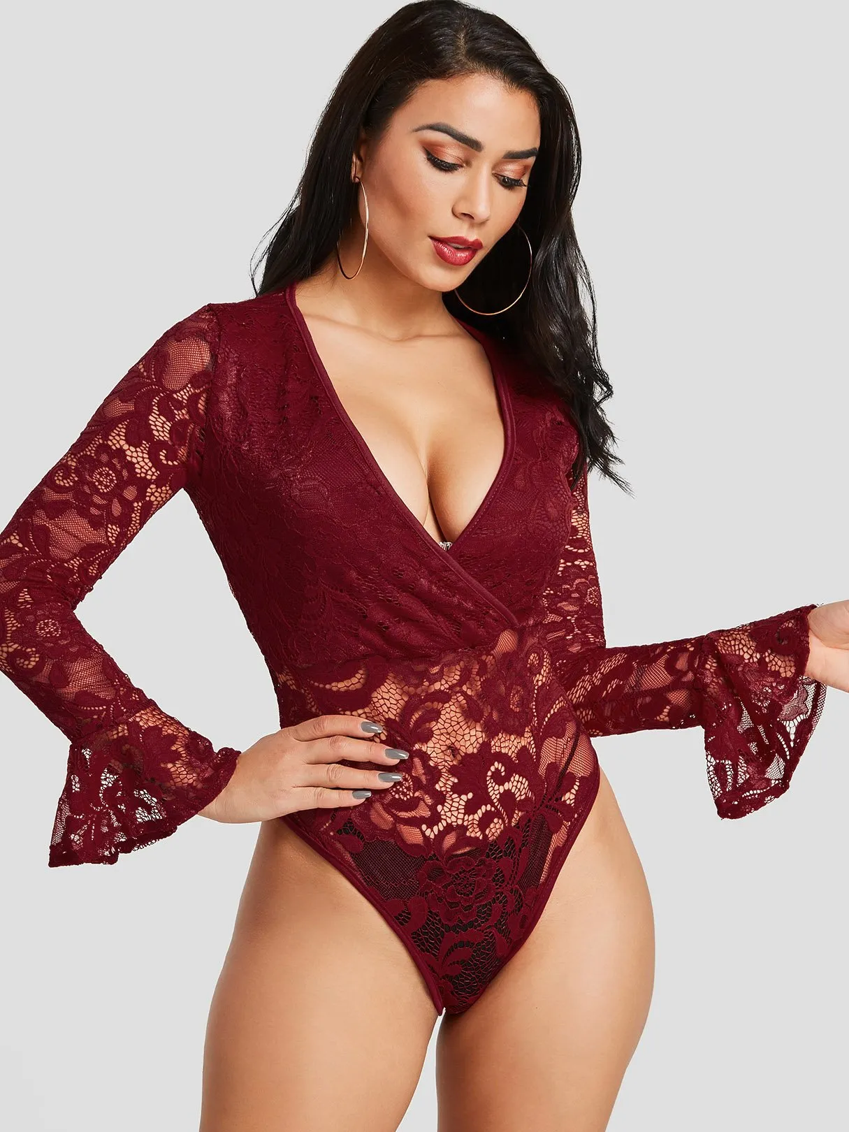 Custom Deep V Neck Lace Long Sleeve Burgundy Blouses