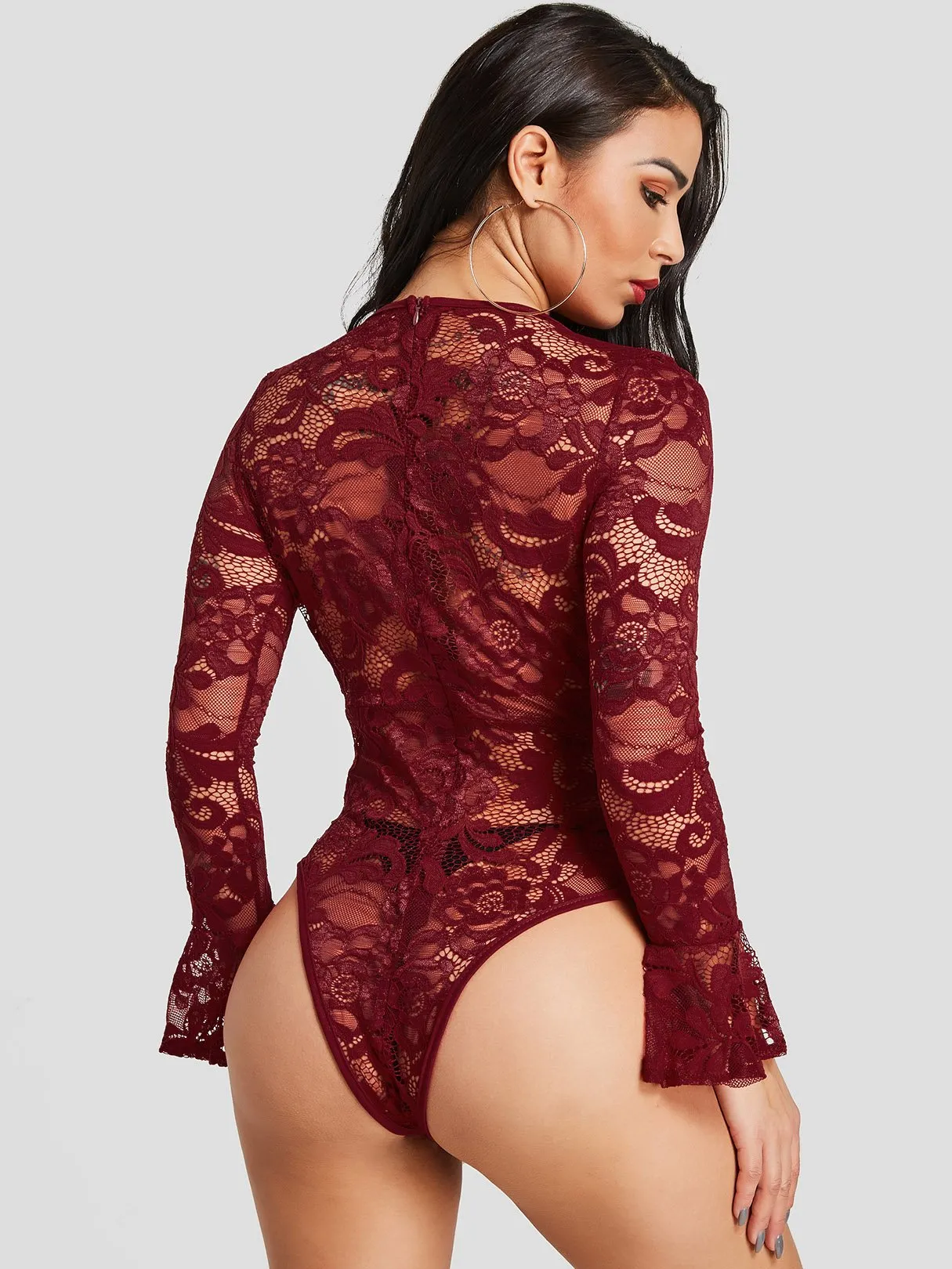 Custom Deep V Neck Lace Long Sleeve Burgundy Blouses