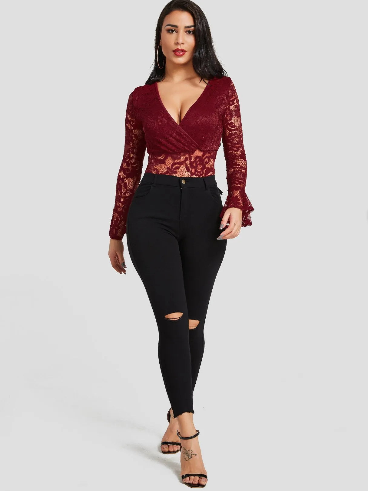 Custom Deep V Neck Lace Long Sleeve Burgundy Blouses