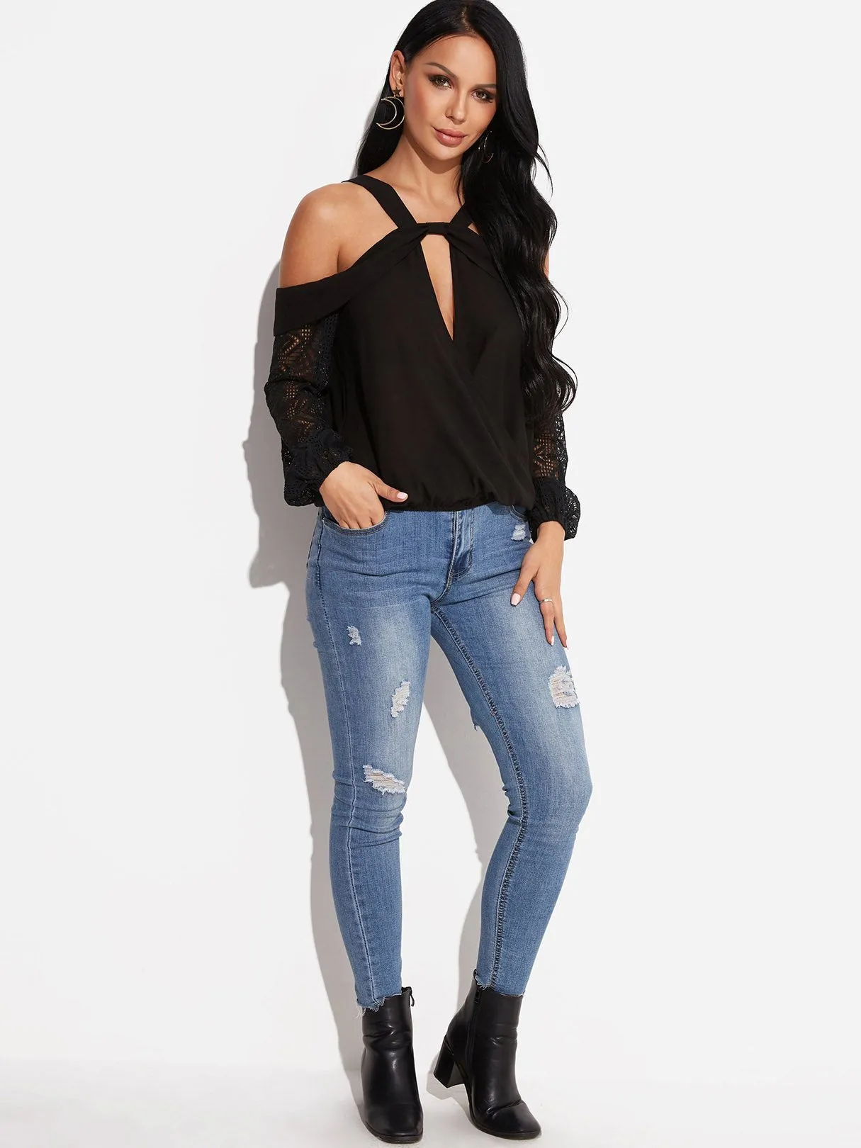 Custom V-Neck Cold Shoulder Crossed Front Backless Hollow Long Sleeve Black Blouses