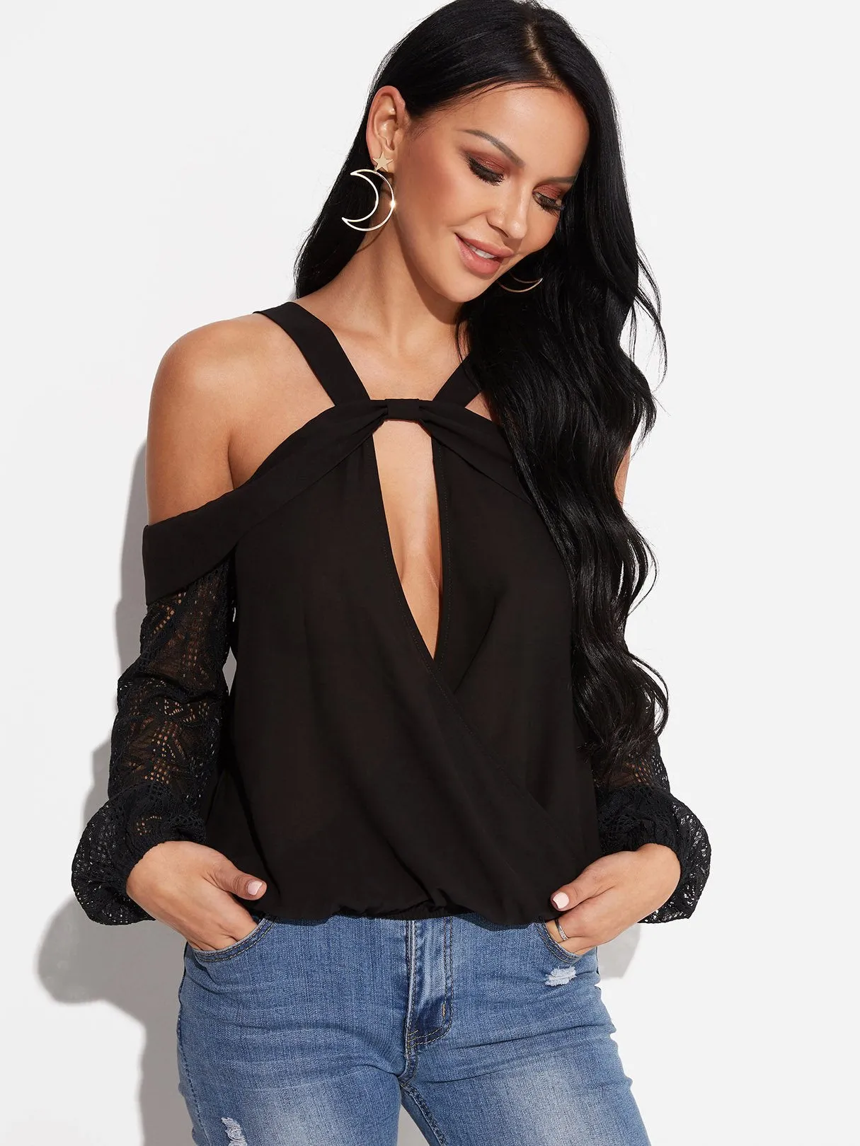 Custom V-Neck Cold Shoulder Crossed Front Backless Hollow Long Sleeve Black Blouses