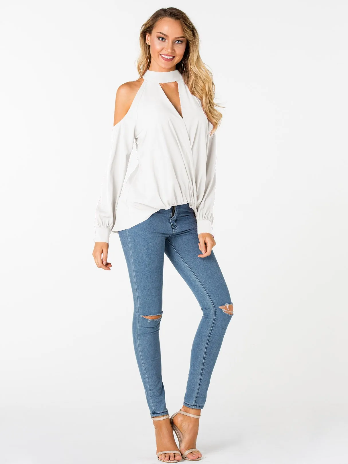 Custom V-Neck Cold Shoulder Crossed Front Long Sleeve Top