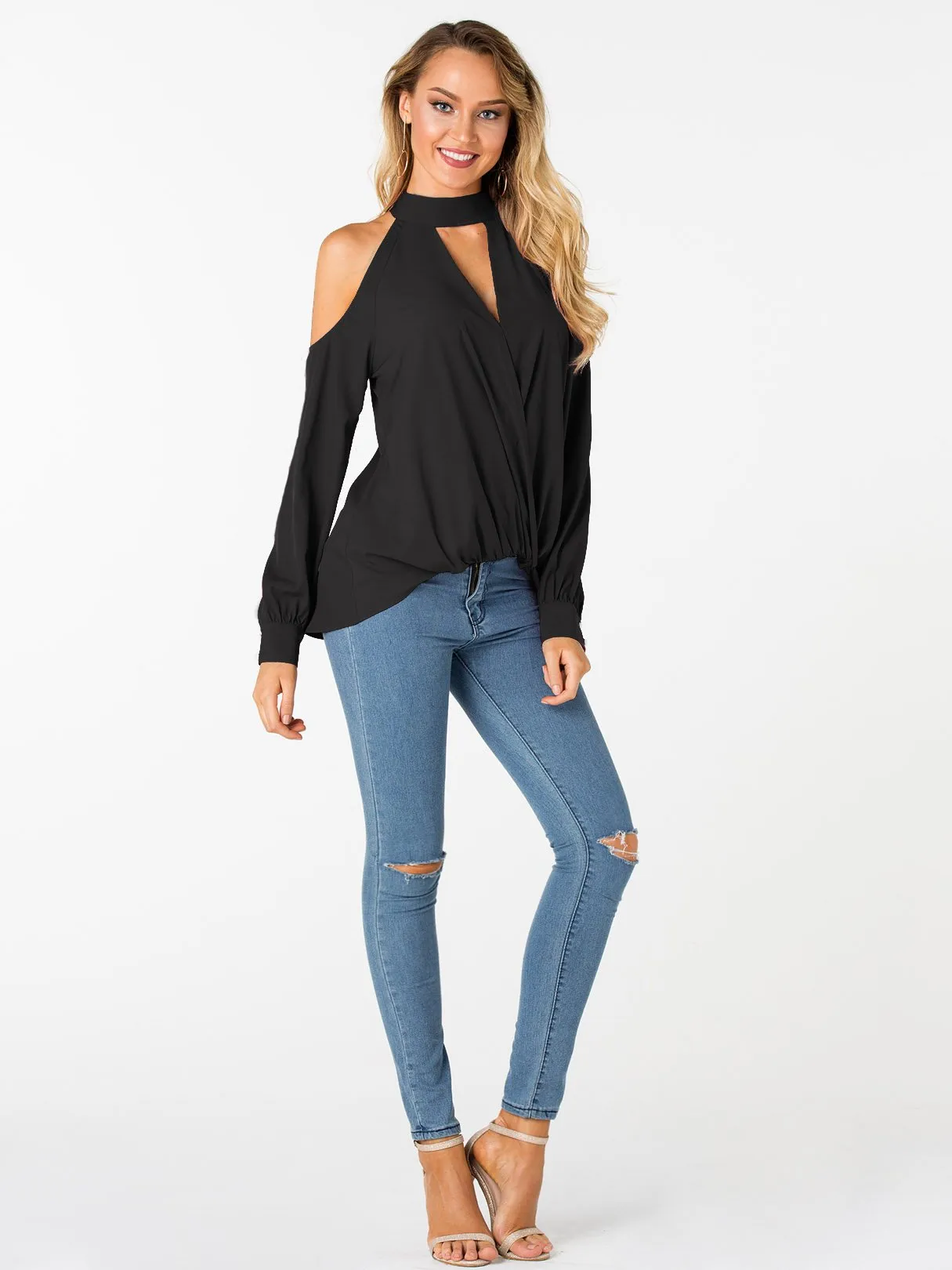 Custom V-Neck Cold Shoulder Crossed Front Long Sleeve Top