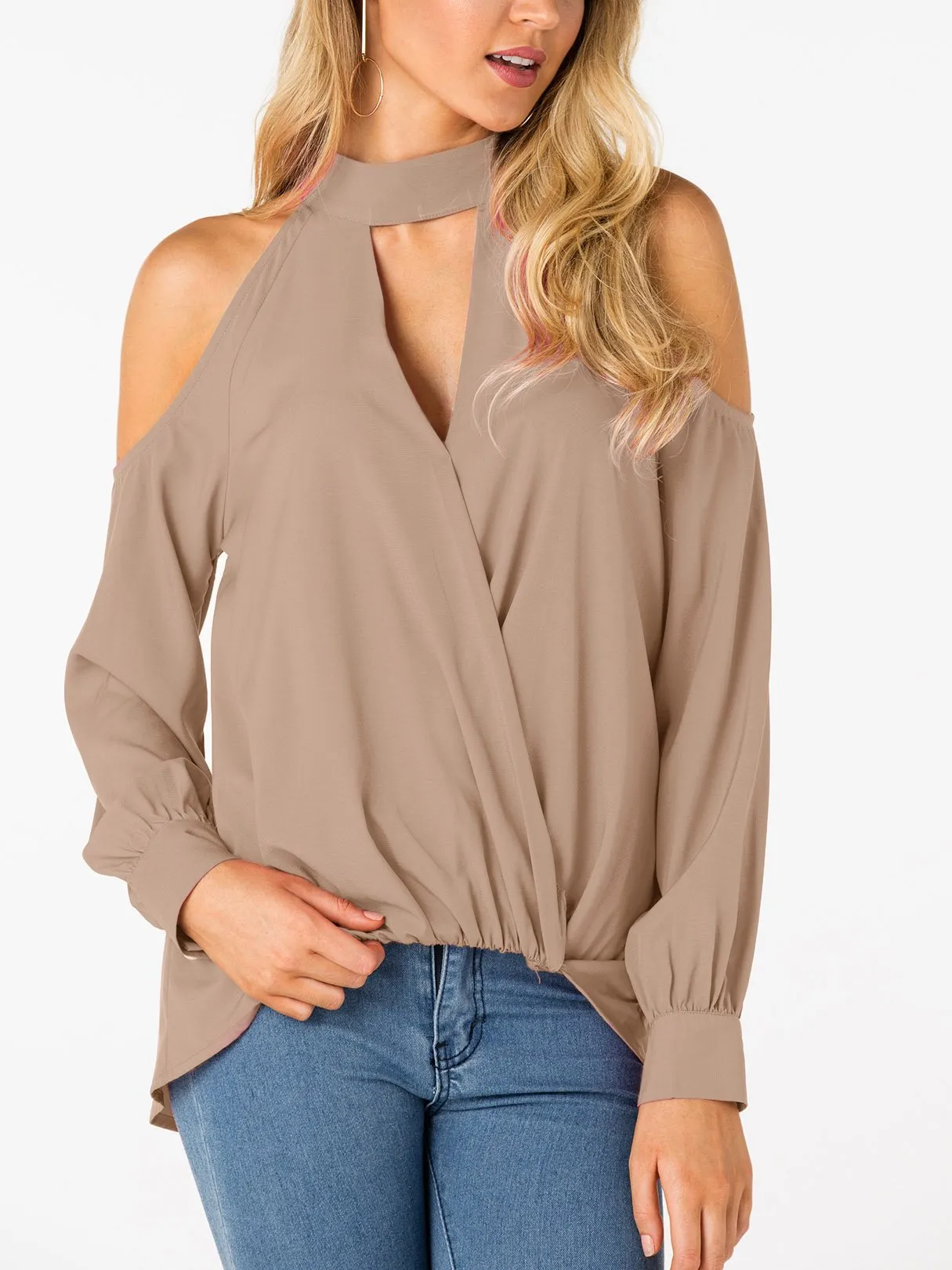 Custom V-Neck Cold Shoulder Crossed Front Long Sleeve Top