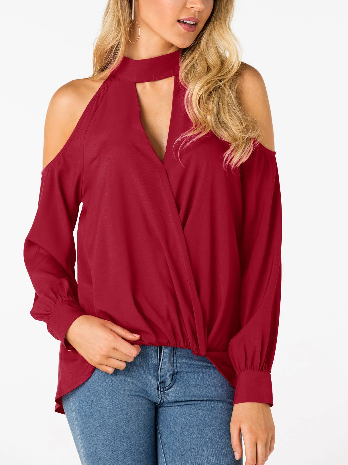 Custom V-Neck Cold Shoulder Crossed Front Long Sleeve Top