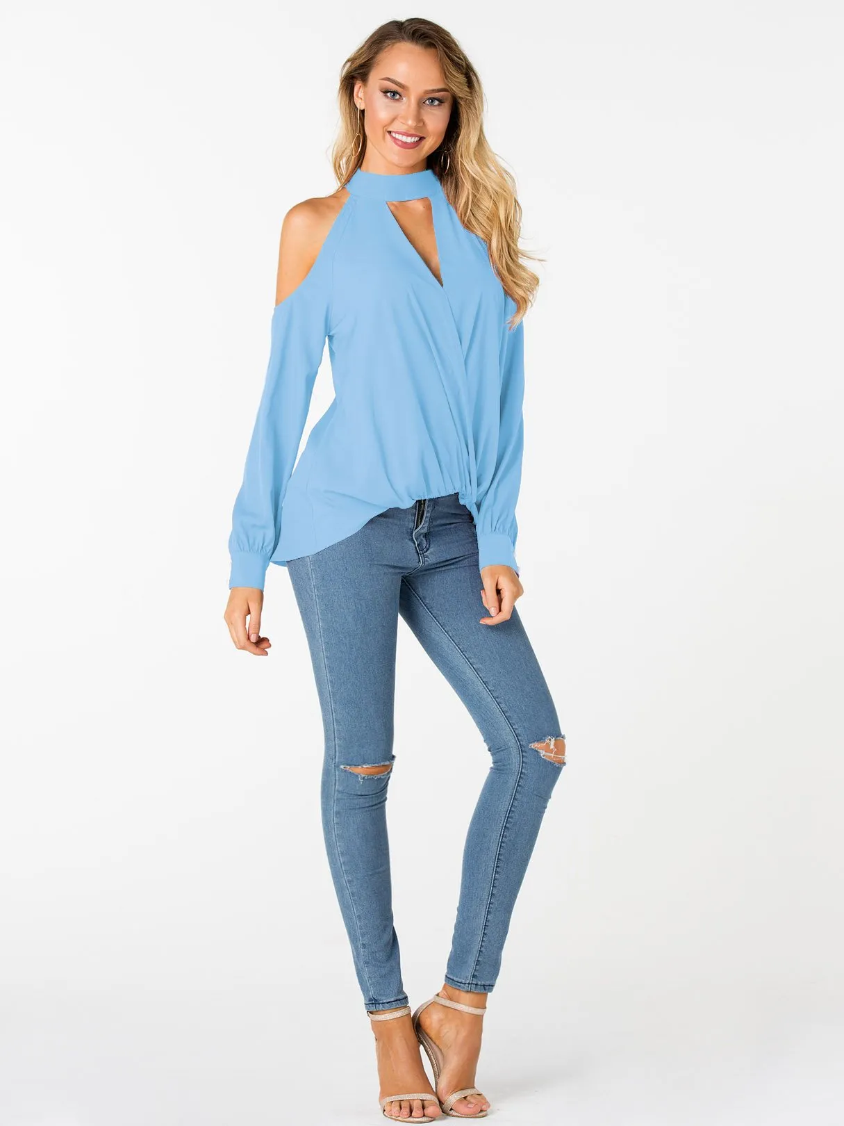 Custom V-Neck Cold Shoulder Crossed Front Long Sleeve Top