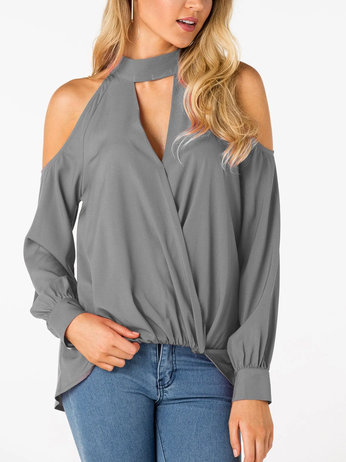 Custom V-Neck Cold Shoulder Crossed Front Long Sleeve Top