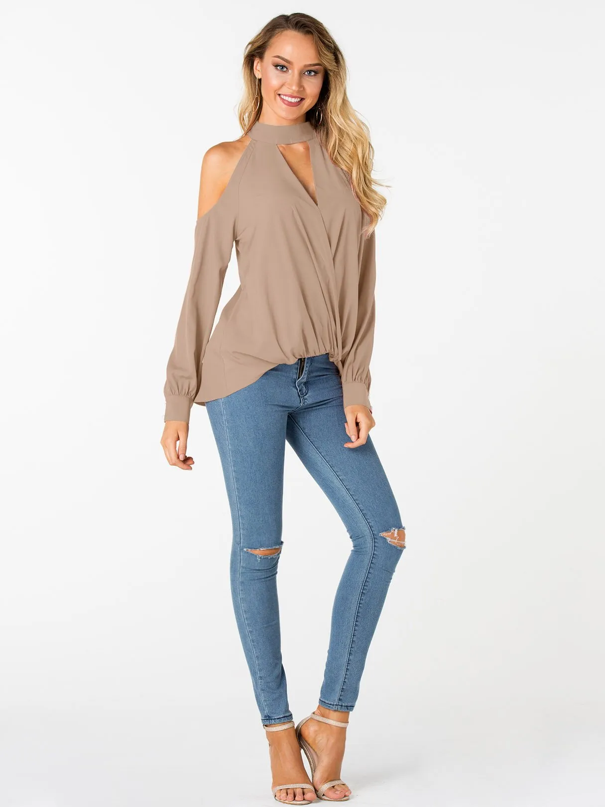 Custom V-Neck Cold Shoulder Crossed Front Long Sleeve Top