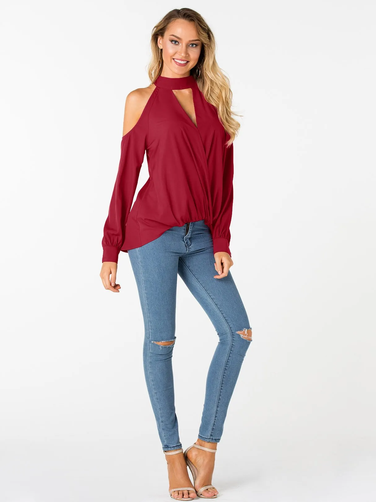 Custom V-Neck Cold Shoulder Crossed Front Long Sleeve Top