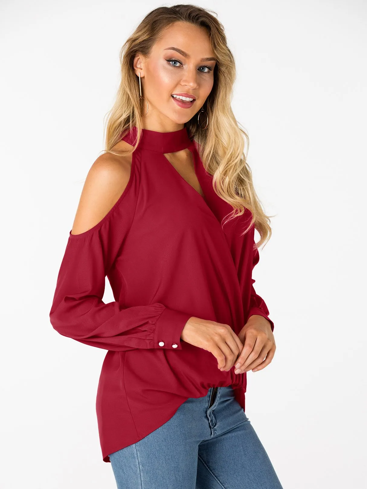 Custom V-Neck Cold Shoulder Crossed Front Long Sleeve Top