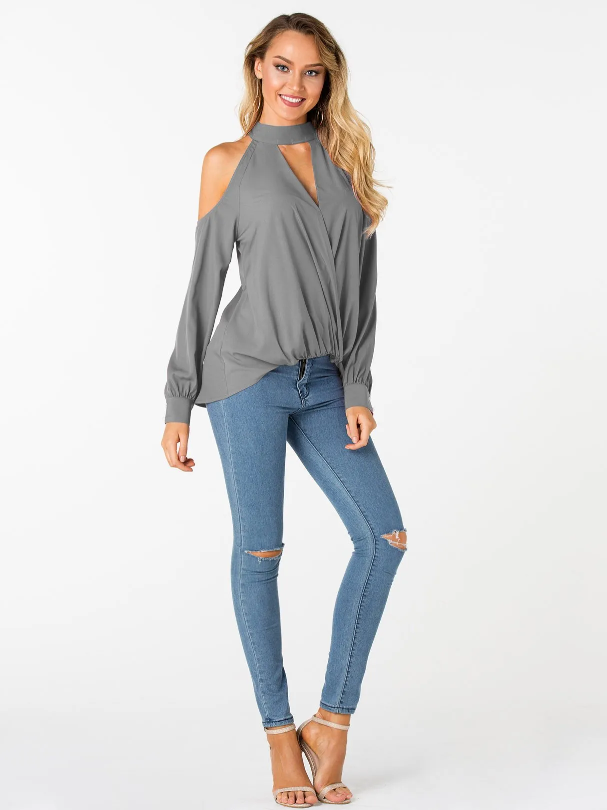 Custom V-Neck Cold Shoulder Crossed Front Long Sleeve Top