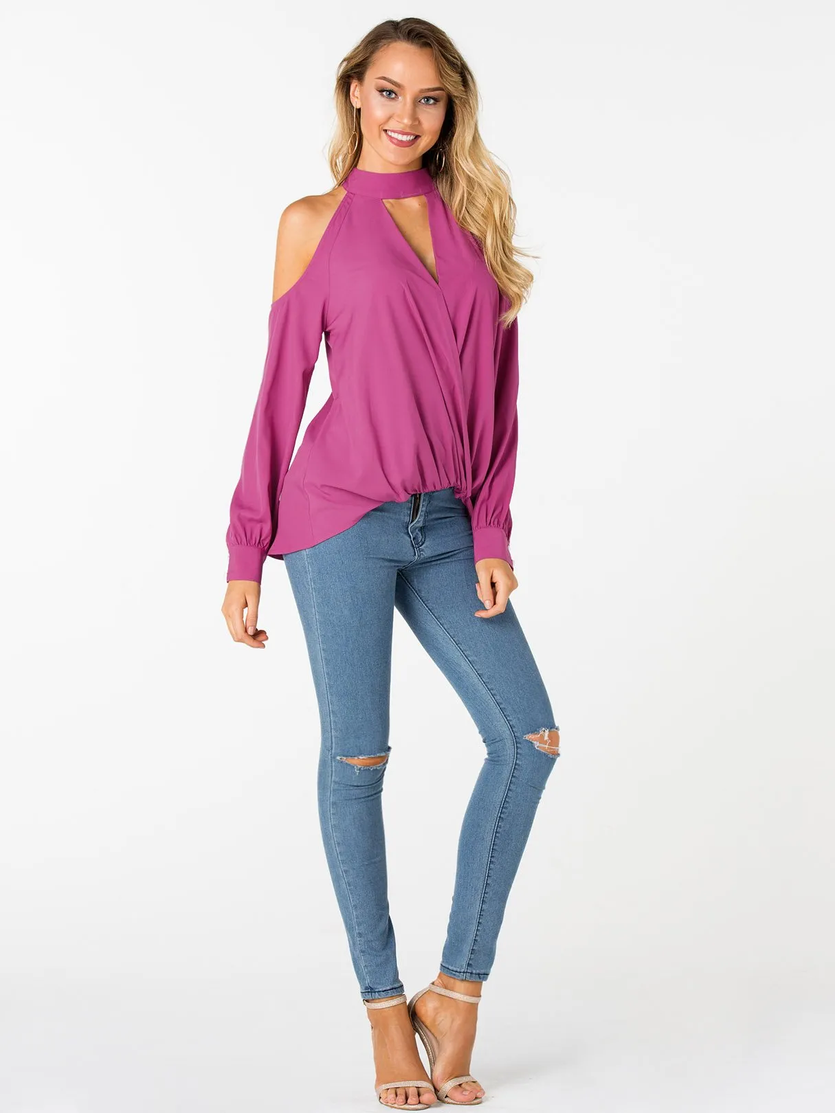 Custom V-Neck Cold Shoulder Crossed Front Long Sleeve Top