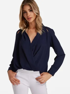 Custom V-Neck Crossed Front Hollow Long Sleeve Irregular Hem Navy Blouses