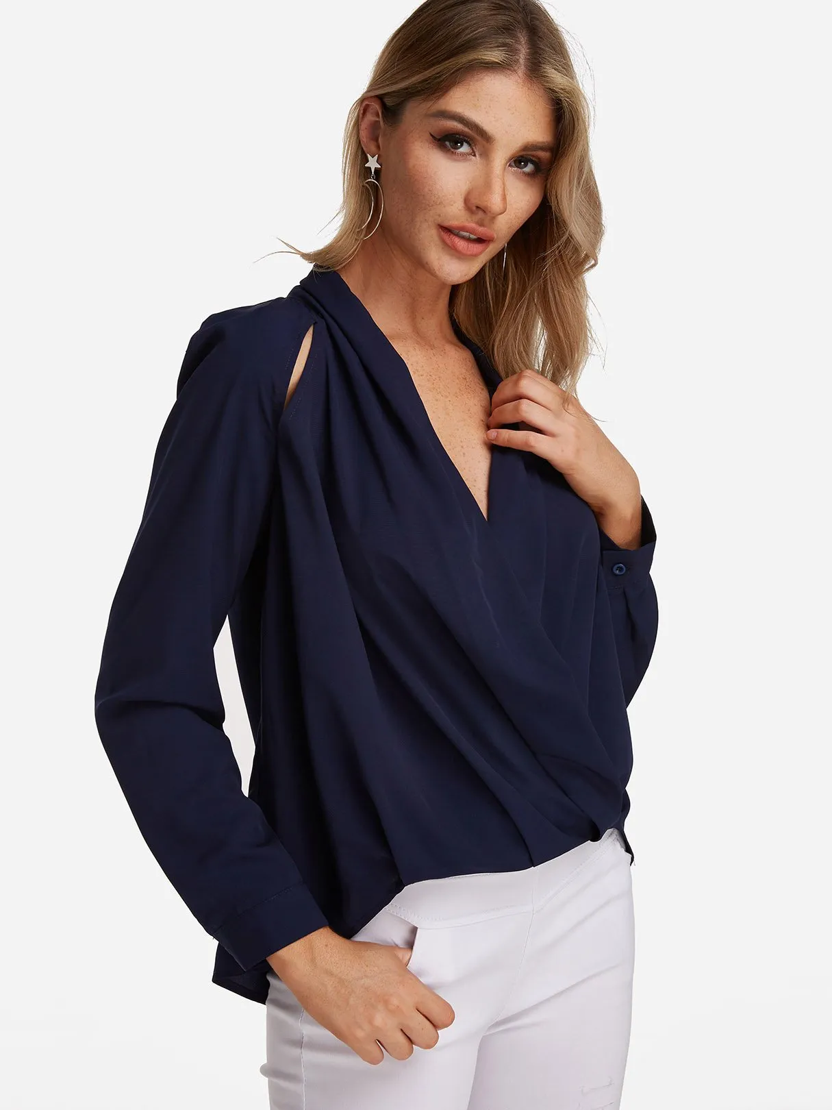 Custom V-Neck Crossed Front Hollow Long Sleeve Irregular Hem Navy Blouses