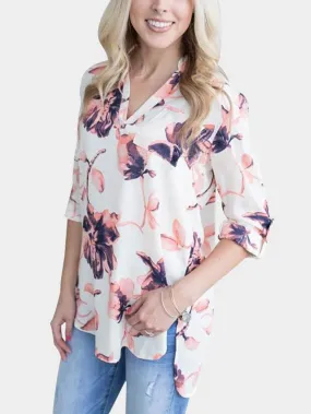 Custom V-Neck Floral Print Long Sleeve White Blouses