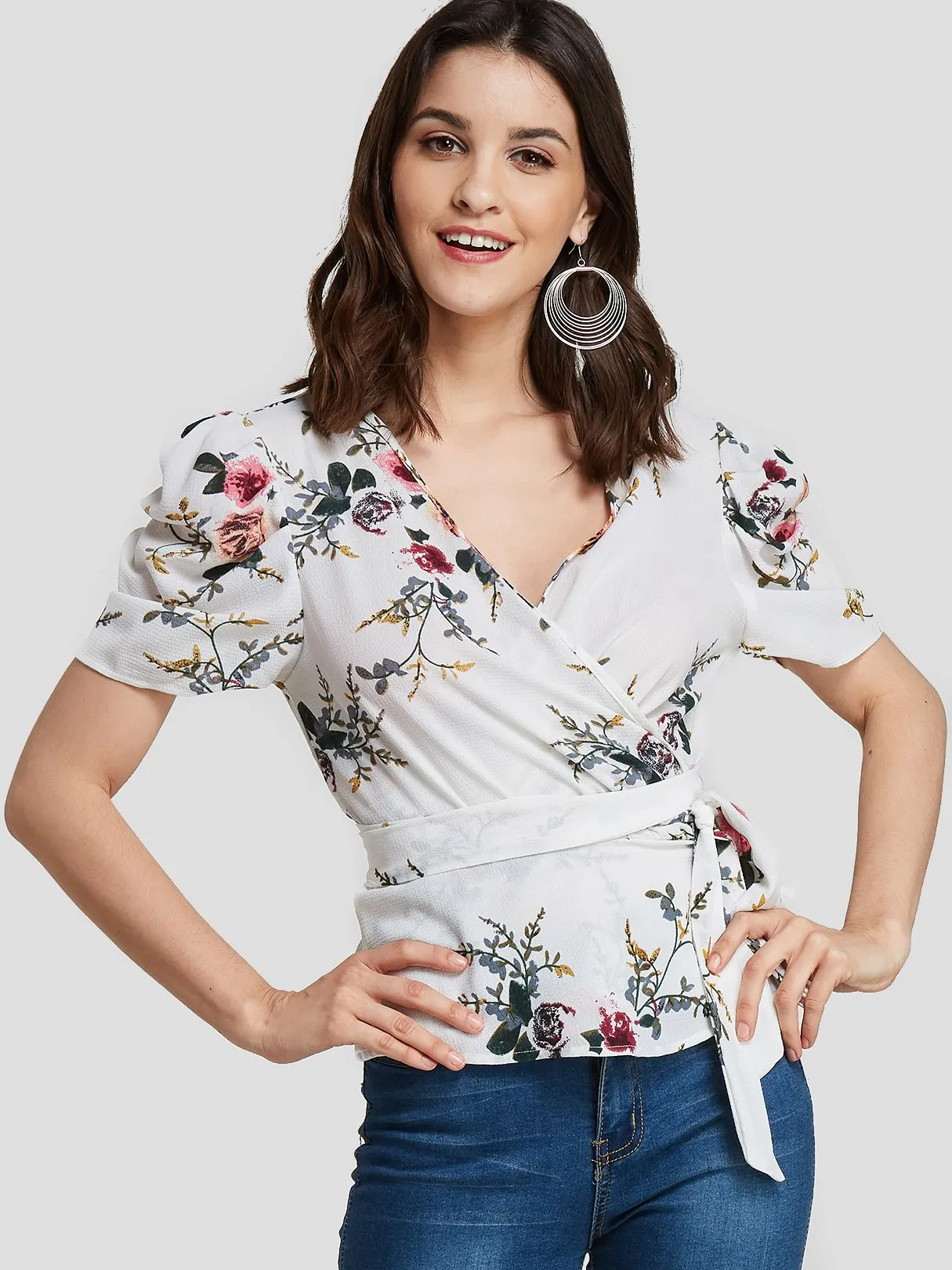 Custom V-Neck Floral Print Short Sleeve White Blouses