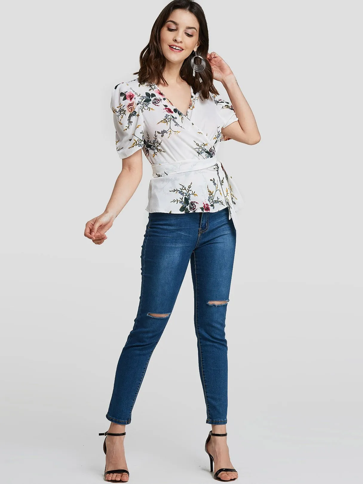 Custom V-Neck Floral Print Short Sleeve White Blouses