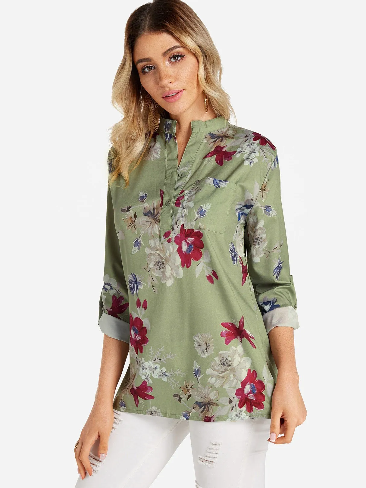 Custom V-Neck Floral Print Side Pockets 3/4 Sleeve Blouses