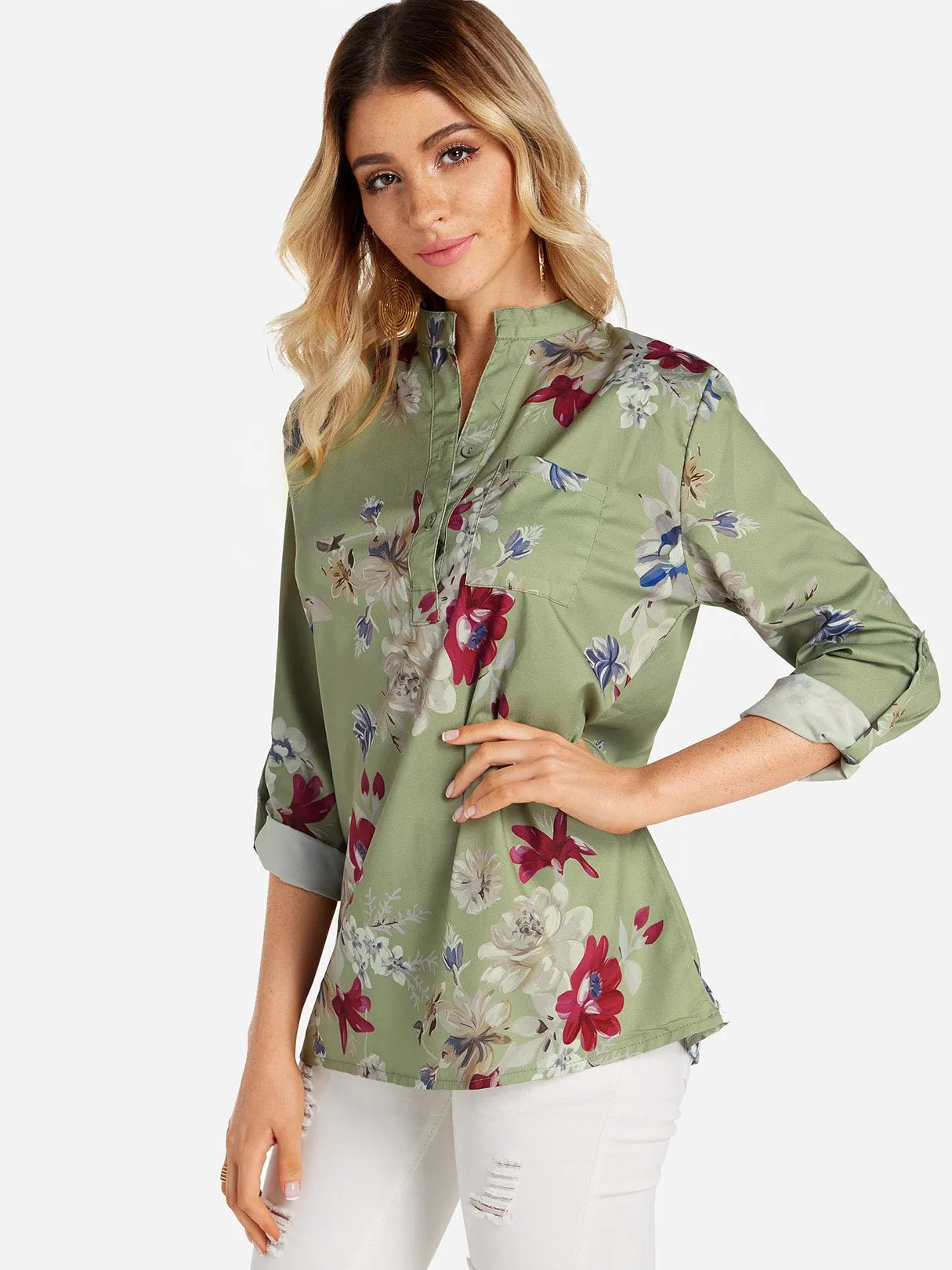 Custom V-Neck Floral Print Side Pockets 3/4 Sleeve Blouses