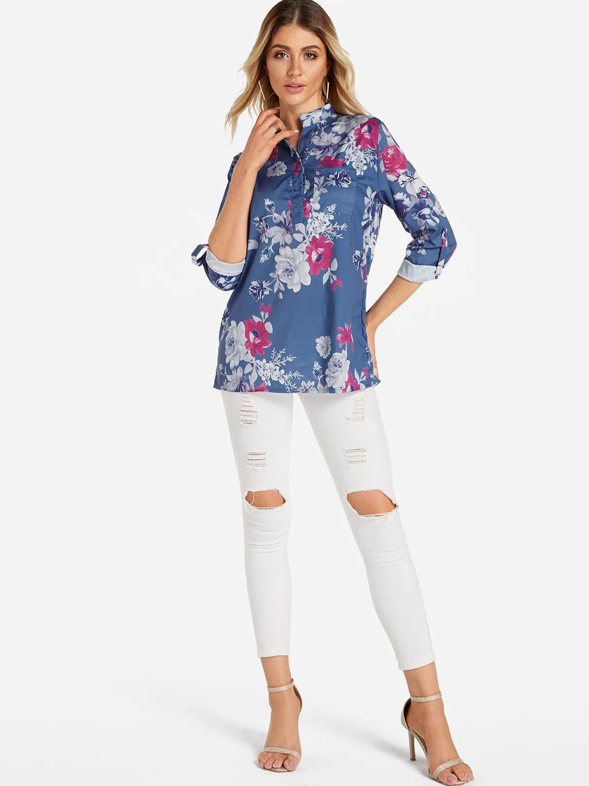 Custom V-Neck Floral Print Side Pockets 3/4 Sleeve Blouses