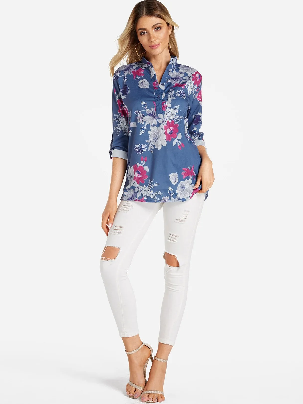 Custom V-Neck Floral Print Side Pockets 3/4 Sleeve Blouses