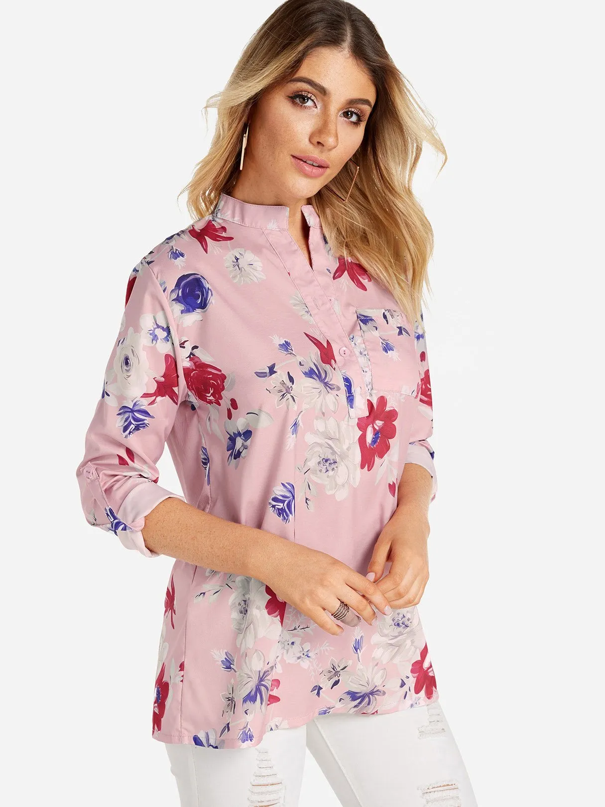 Custom V-Neck Floral Print Side Pockets 3/4 Sleeve Blouses