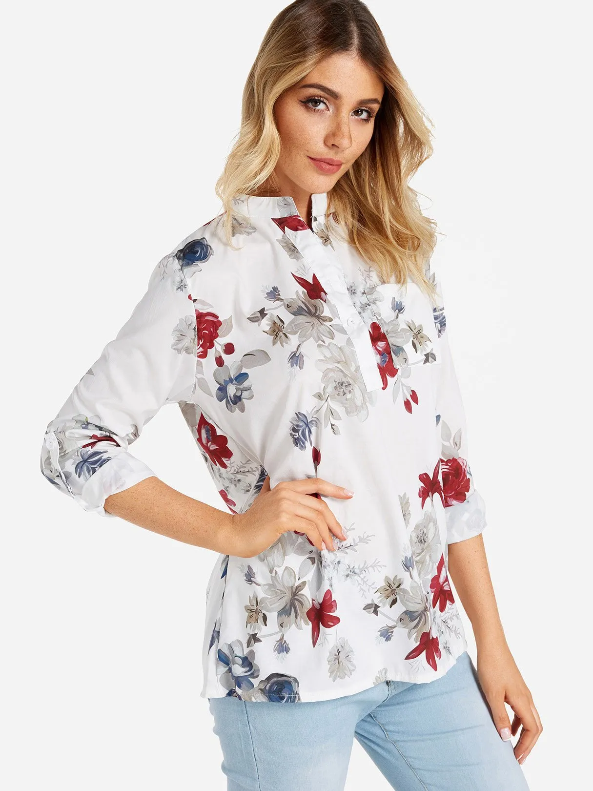 Custom V-Neck Floral Print Side Pockets 3/4 Sleeve Blouses