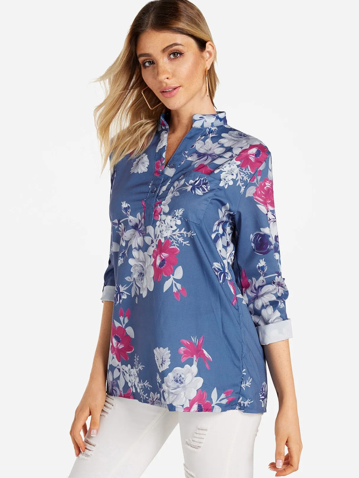 Custom V-Neck Floral Print Side Pockets 3/4 Sleeve Blouses