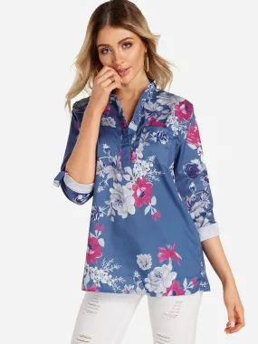 Custom V-Neck Floral Print Side Pockets 3/4 Sleeve Blouses