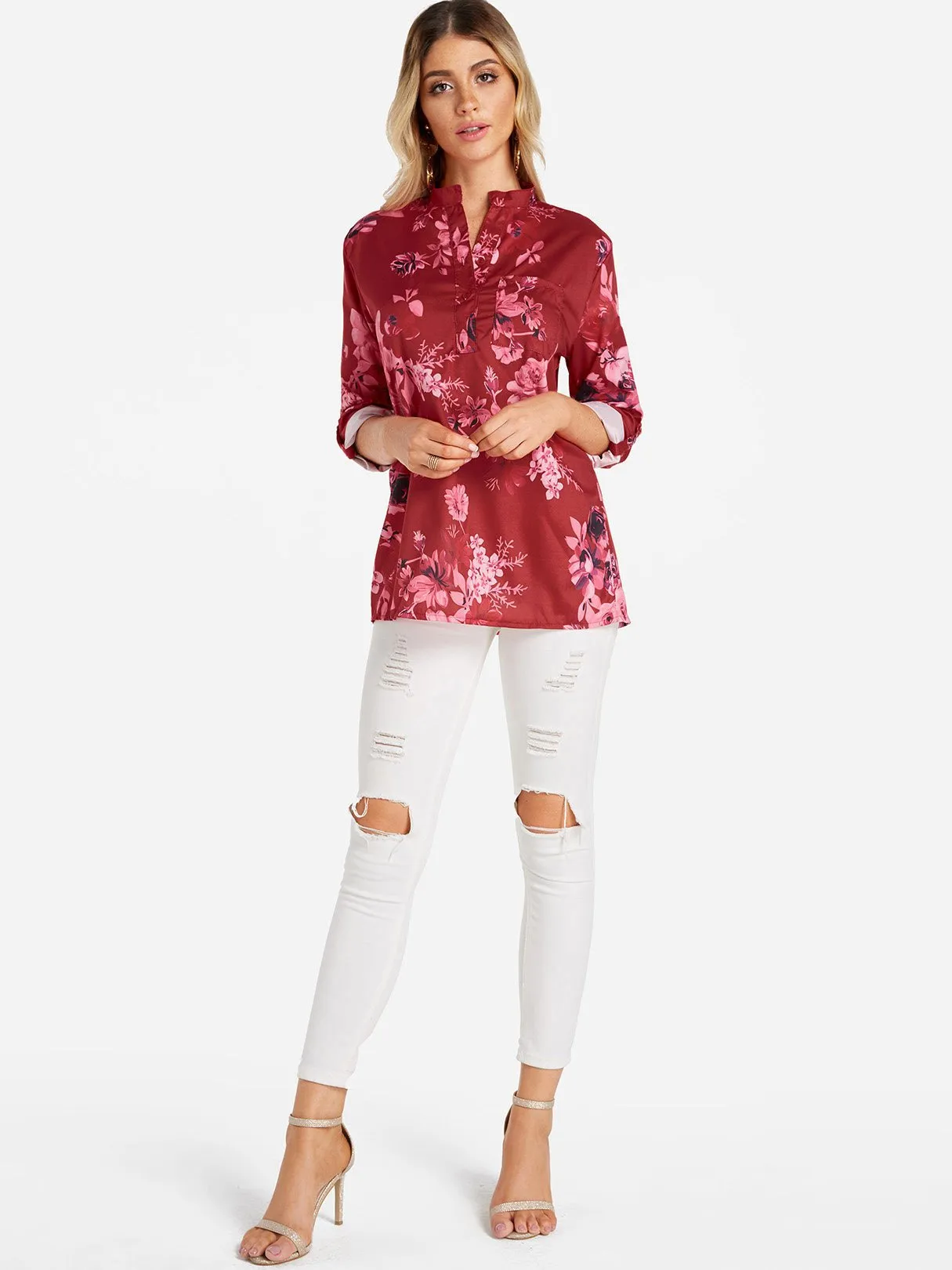 Custom V-Neck Floral Print Side Pockets 3/4 Sleeve Blouses