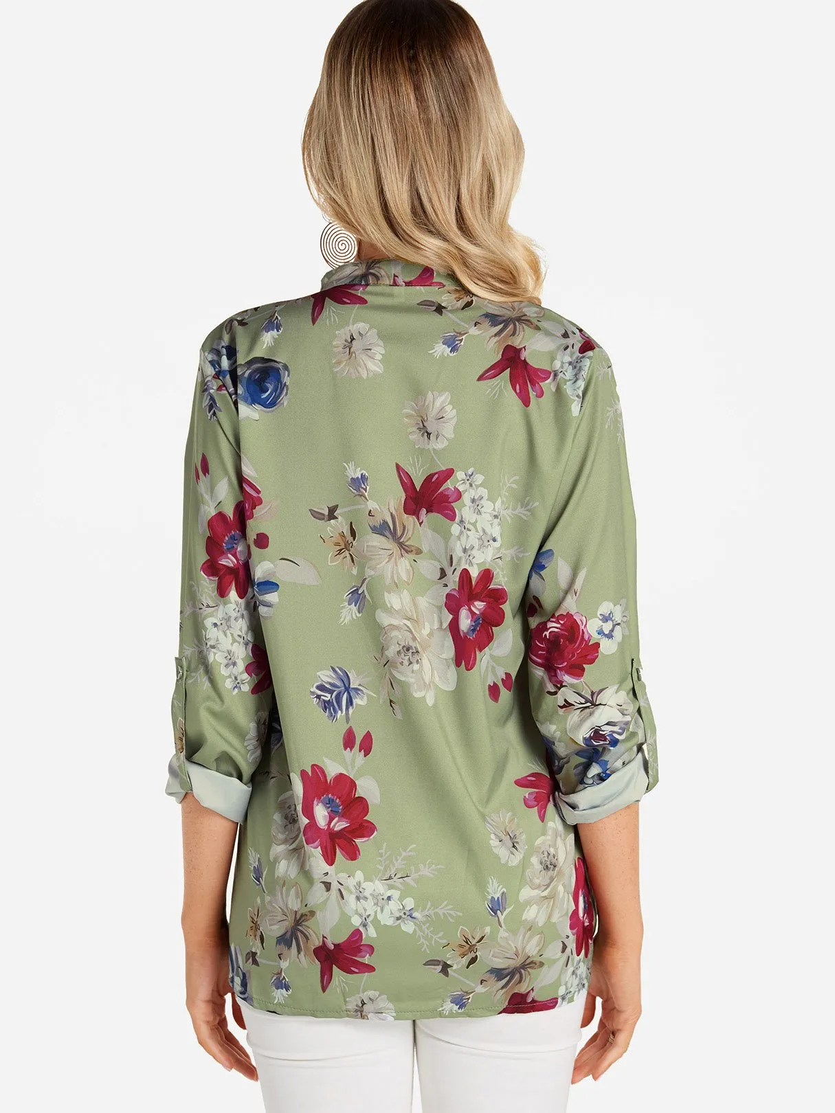 Custom V-Neck Floral Print Side Pockets 3/4 Sleeve Blouses