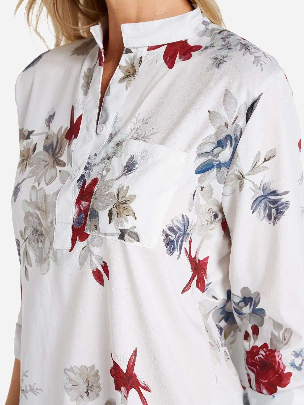 Custom V-Neck Floral Print Side Pockets 3/4 Sleeve Blouses