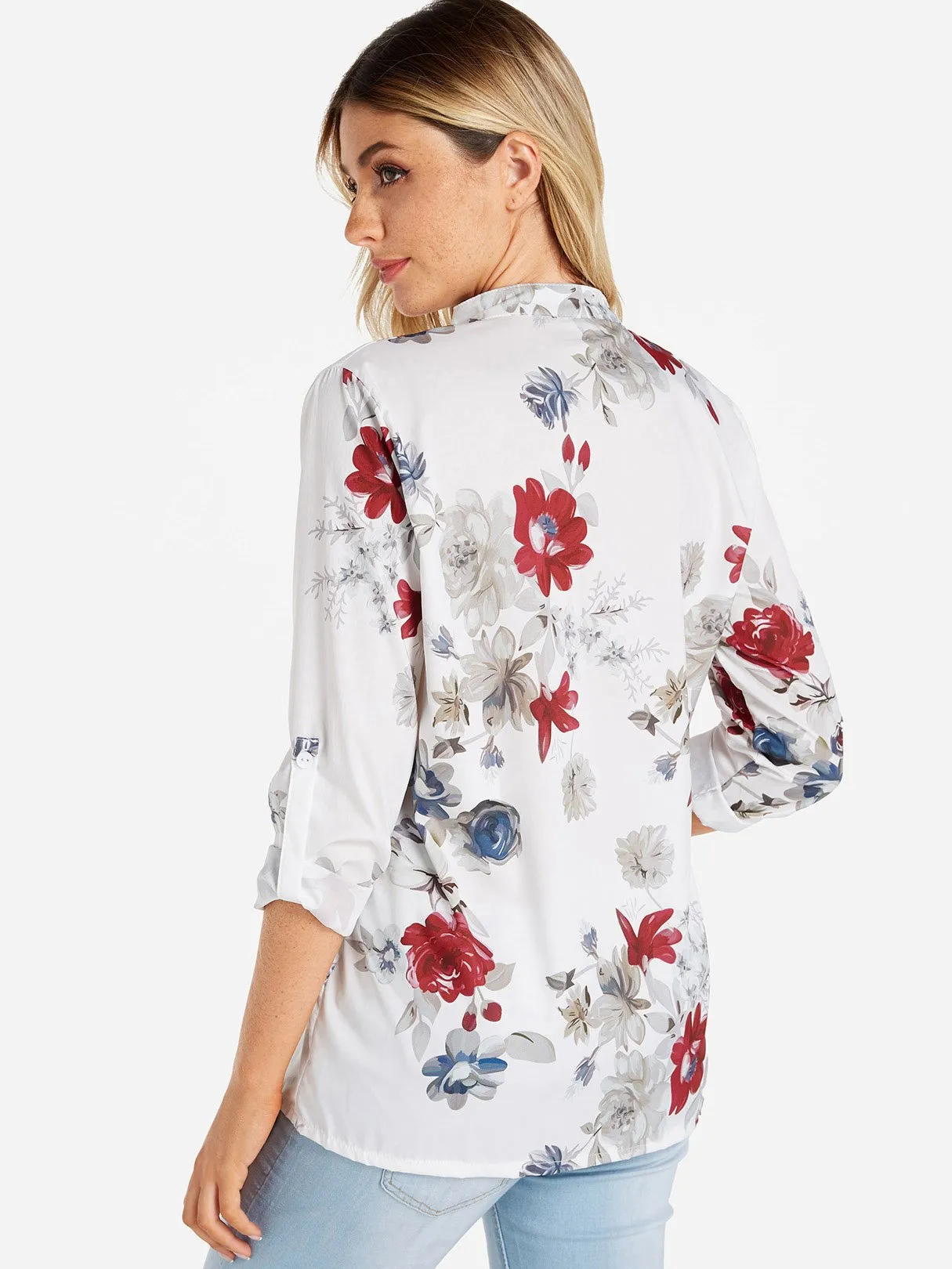 Custom V-Neck Floral Print Side Pockets 3/4 Sleeve Blouses