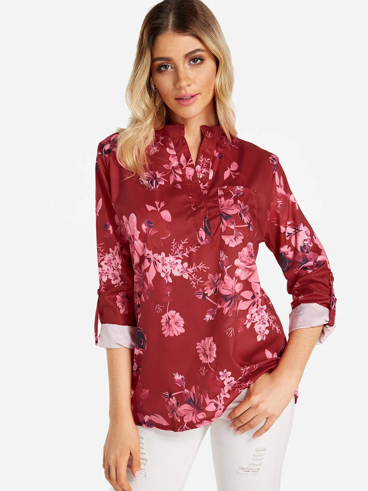 Custom V-Neck Floral Print Side Pockets 3/4 Sleeve Blouses