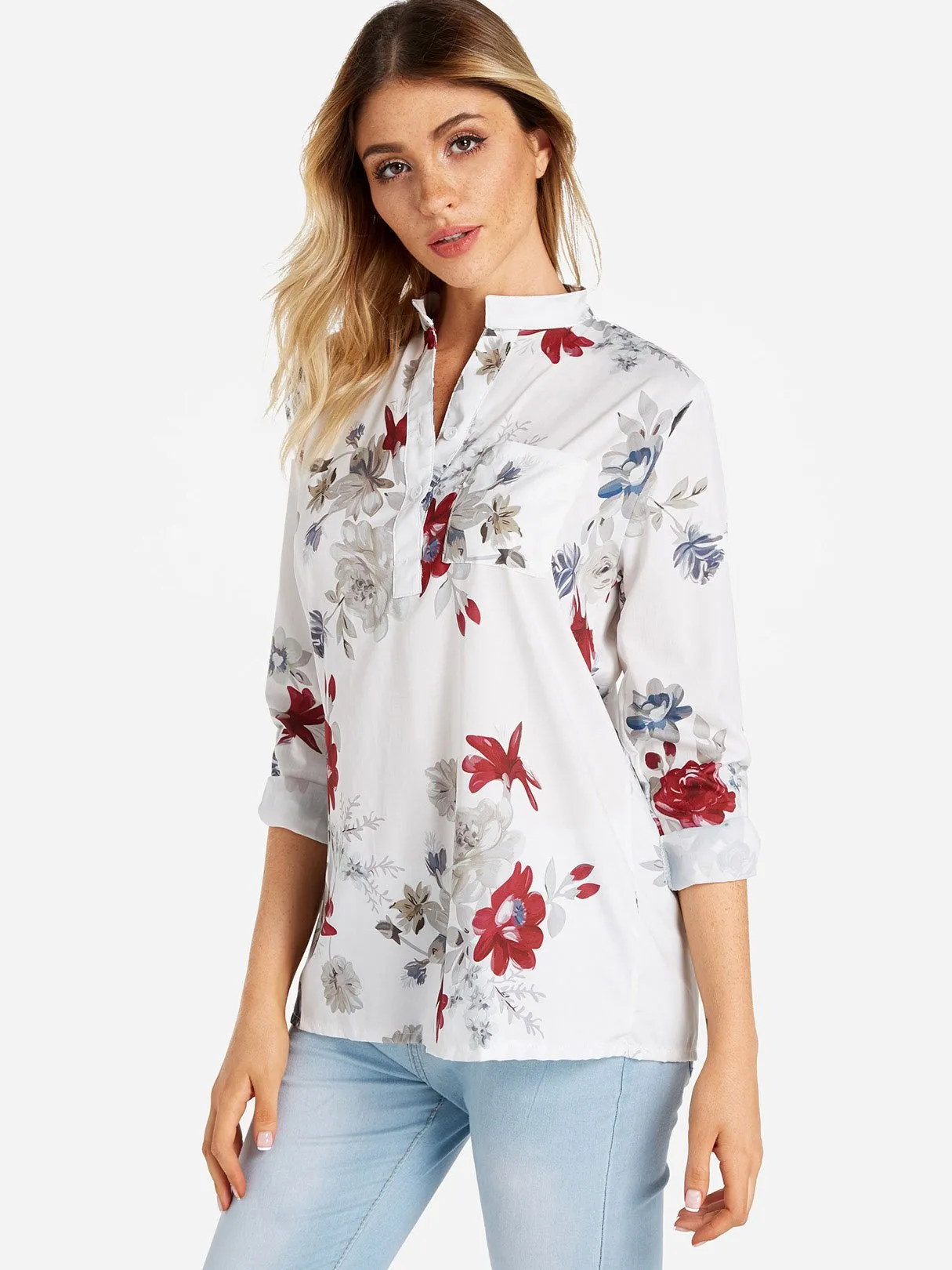 Custom V-Neck Floral Print Side Pockets 3/4 Sleeve Blouses