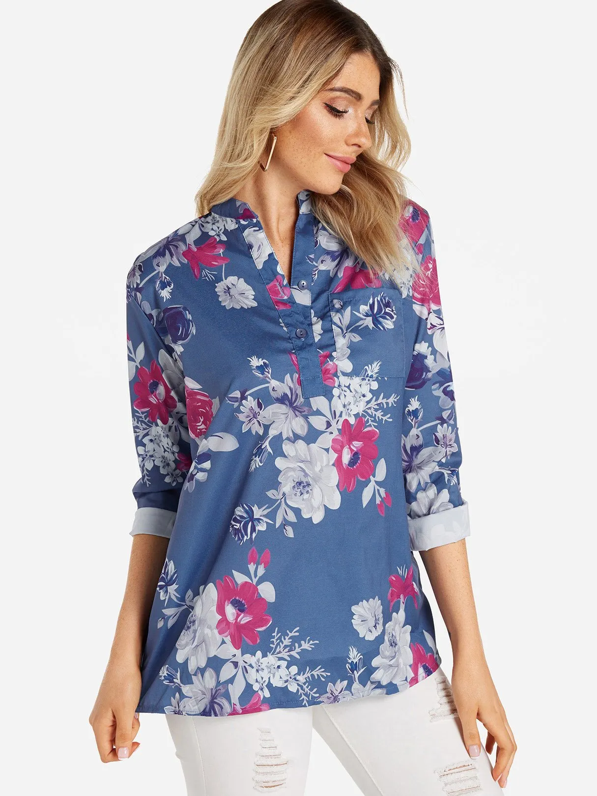 Custom V-Neck Floral Print Side Pockets 3/4 Sleeve Blouses